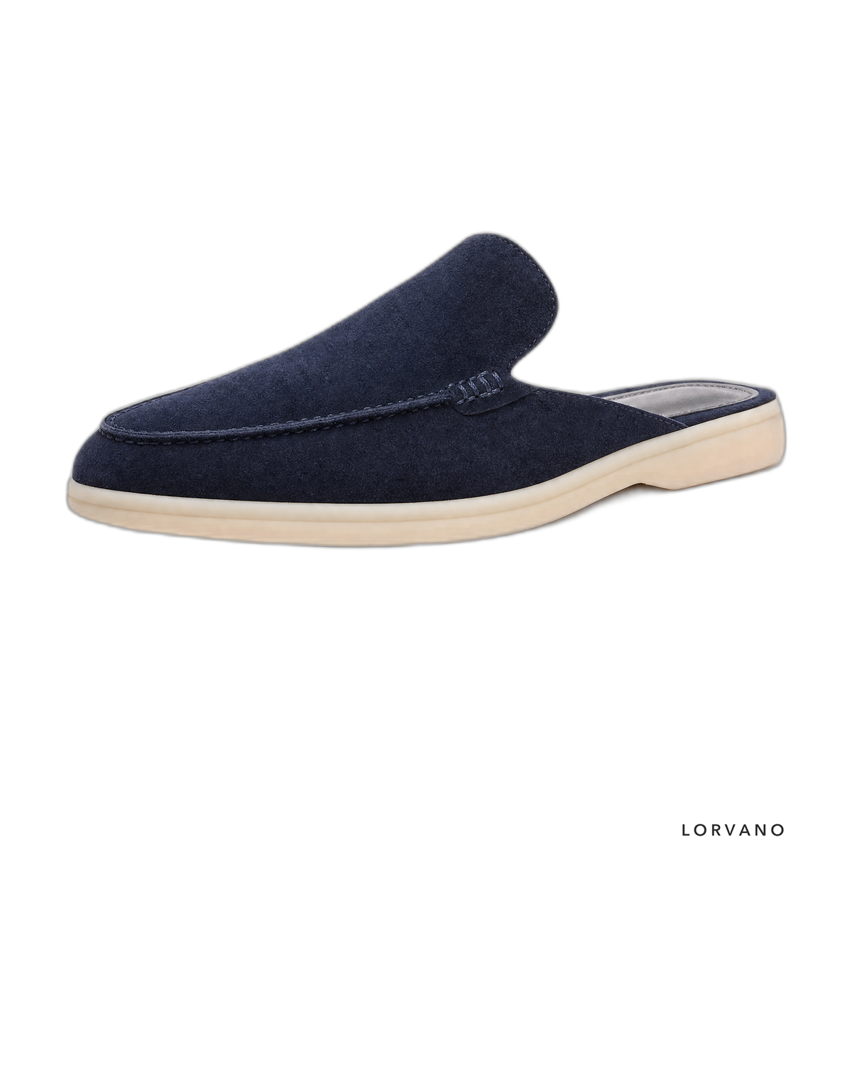 Lorvano Suede Slippers in navy suede, backless mule, side profile