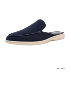 Lorvano Suede Slippers in navy suede, backless mule, side profile