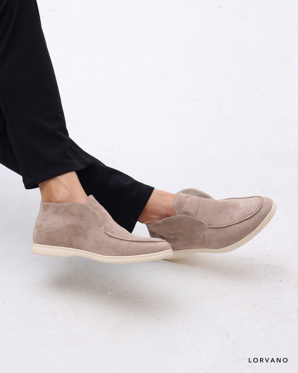 Lorvano High Suede Loafers in mocha suede worn