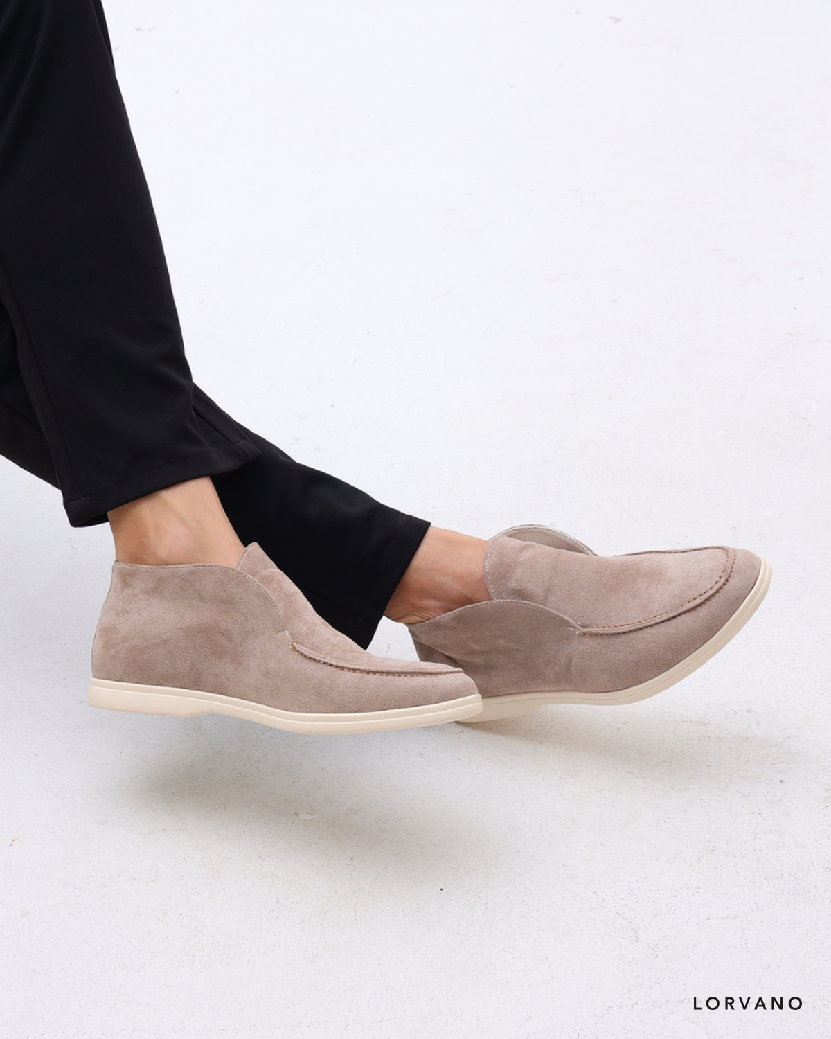Lorvano High Suede Loafers in mocha suede worn