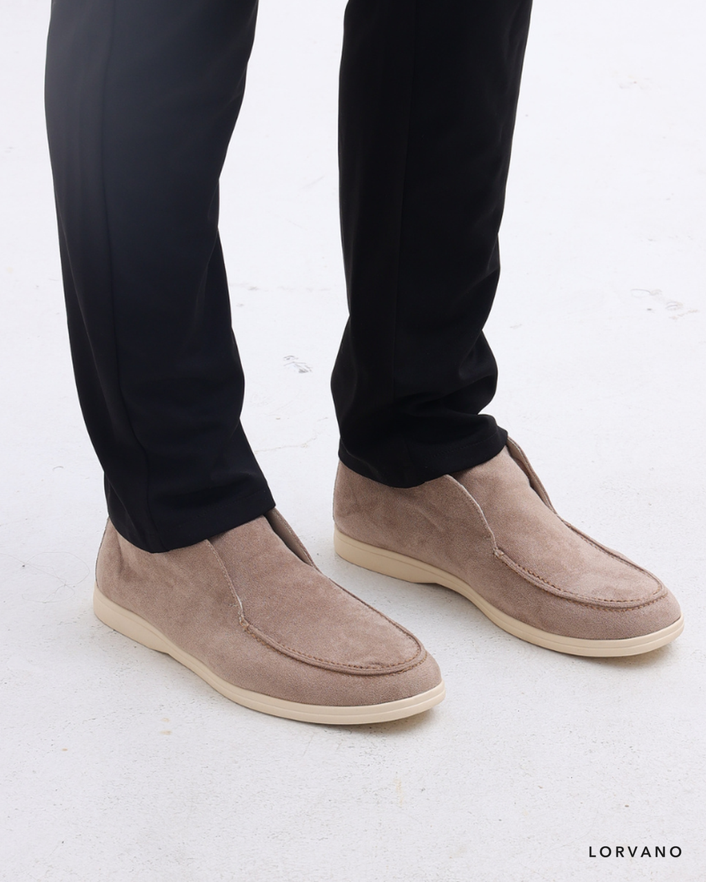 Lorvano High Suede Loafers in mocha suede worn, side view