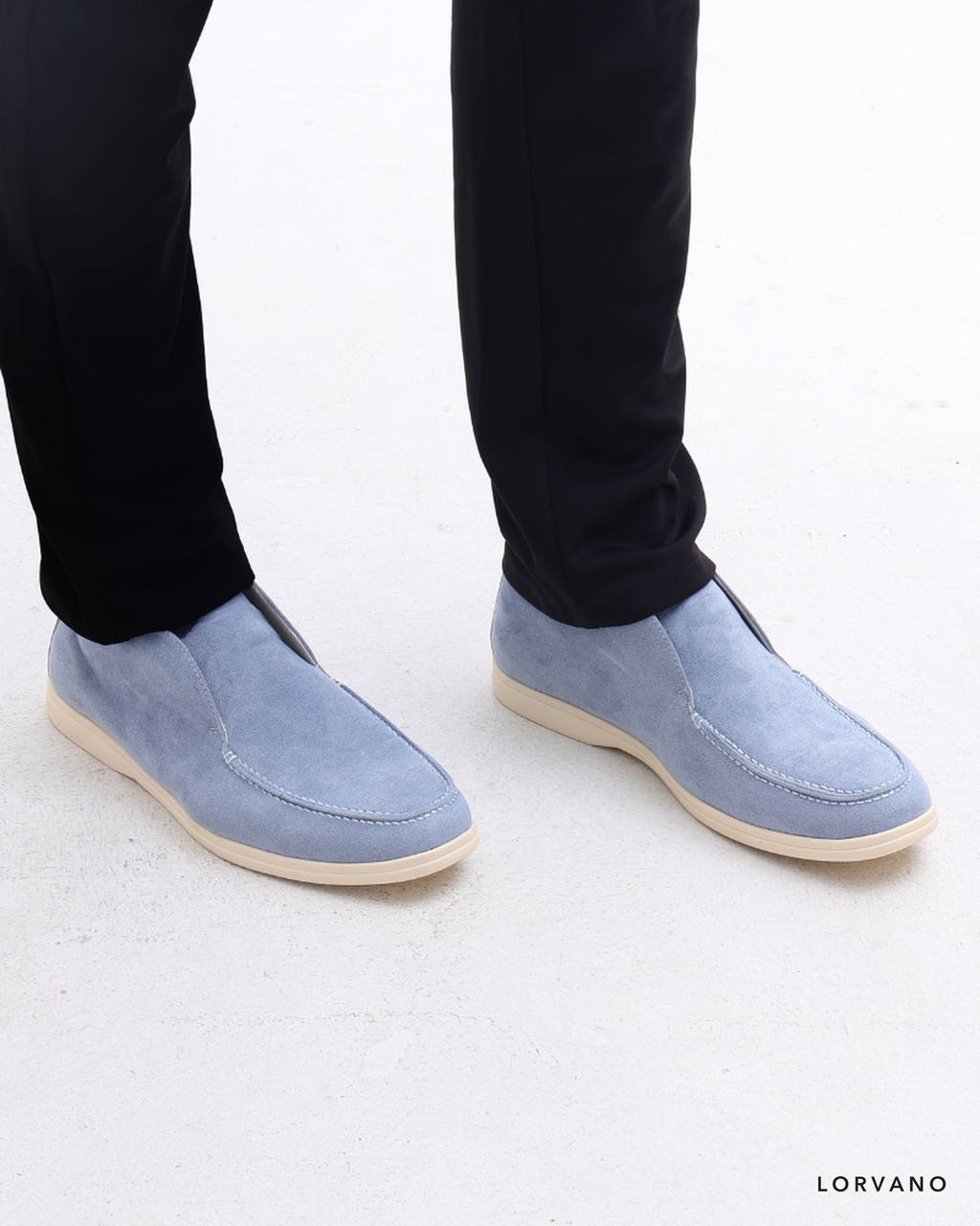 Lorvano High Suede Loafers in fog blue suede worn