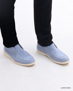 Lorvano High Suede Loafers in fog blue suede worn