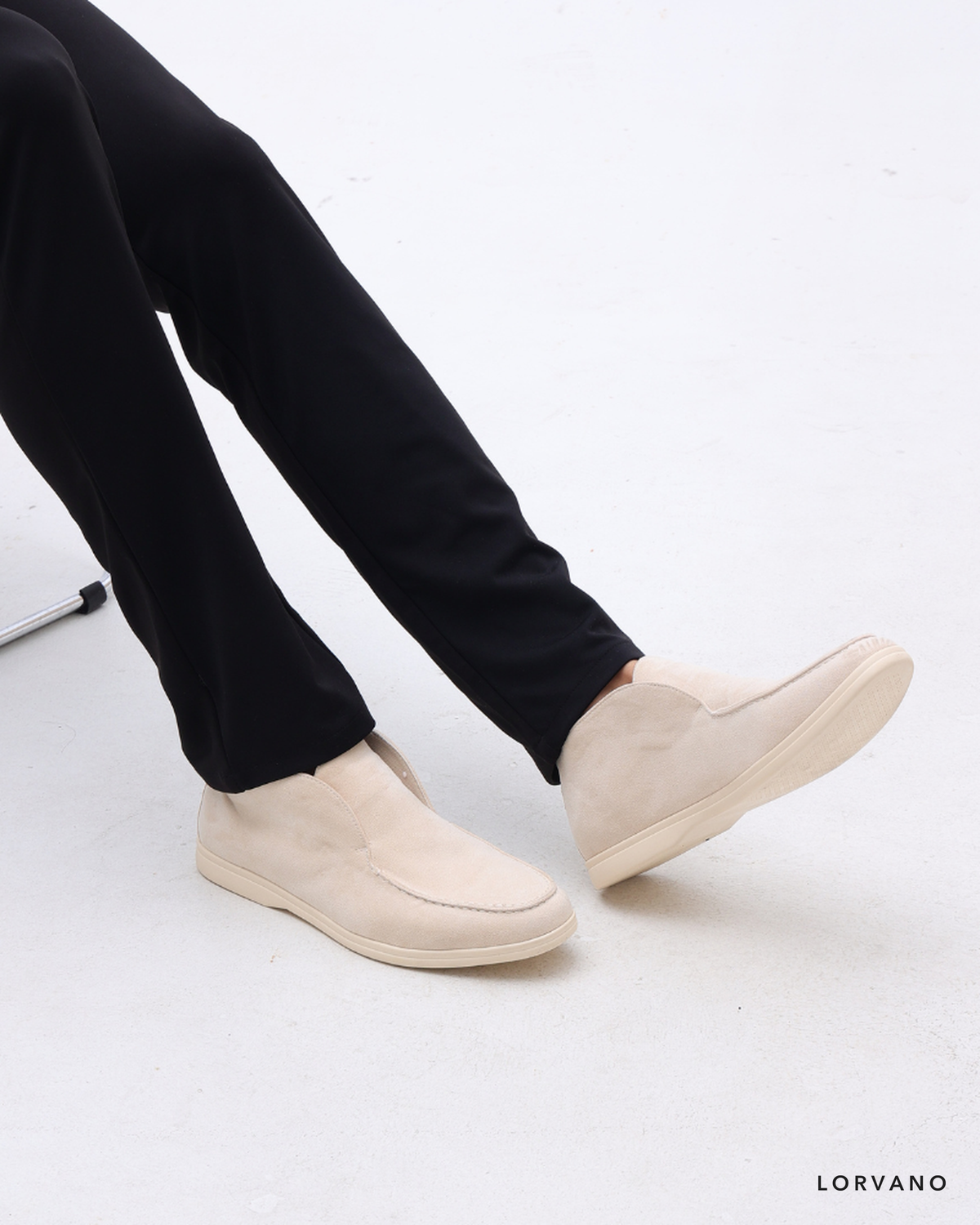 Lorvano High Suede Loafers in beige suede worn